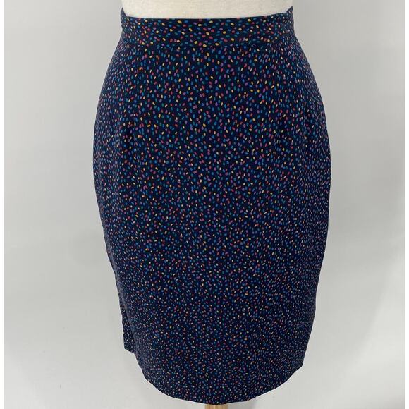 Vintage 80s Silk 2 Skirt Set 2 Piece Polka Dot Blouse/Jacket & Skirt Navy Blue 6 - Picture 8 of 12